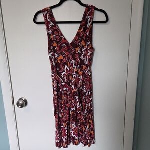 LOFT Burgundy and Orange Patterned Midi Dress
